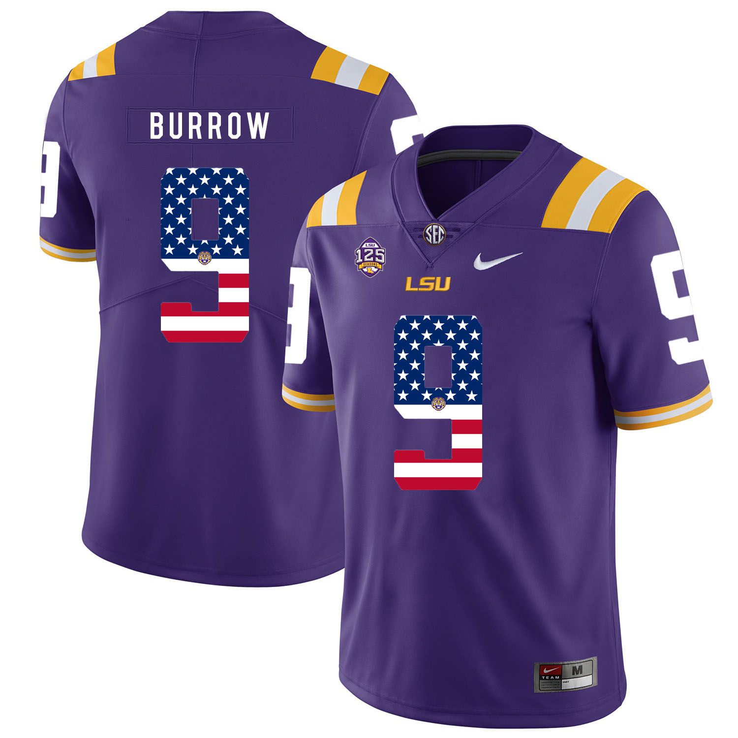 Men LSU Tigers #9 Burrow Purple Flag Customized NCAA Jerseys